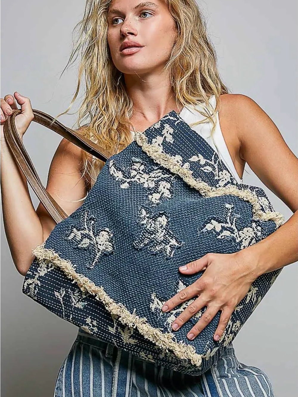 POL denim floral fringe quilted patchwork cotton embroidered love boho tote bag